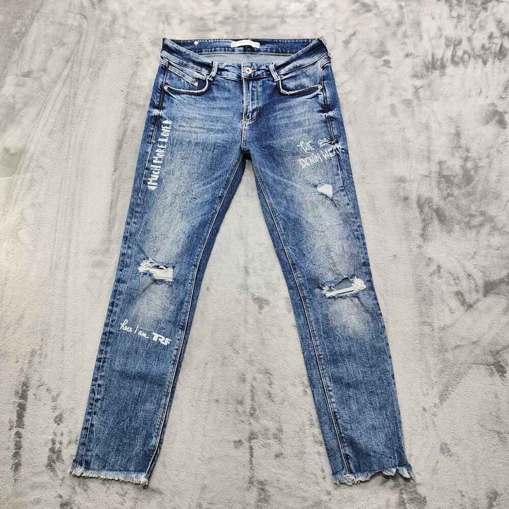 Zara Trafaluc denimwear Jeans Womens 8 Blue Distressed Graffiti Slim Leg Raw Hem